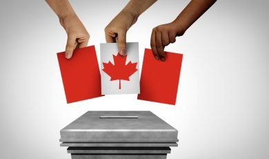 Three hands casting Canadian flag ballots into a ballot box, representing political wagering and voting in Canada