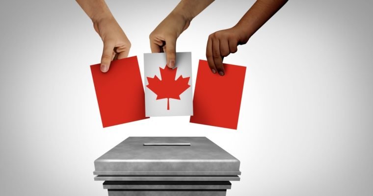 Three hands casting Canadian flag ballots into a ballot box, representing political wagering and voting in Canada