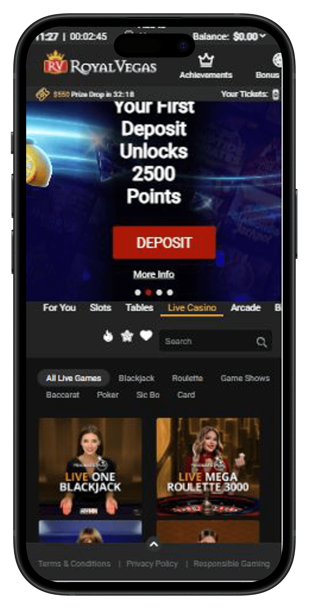 Royal Vegas live casino page