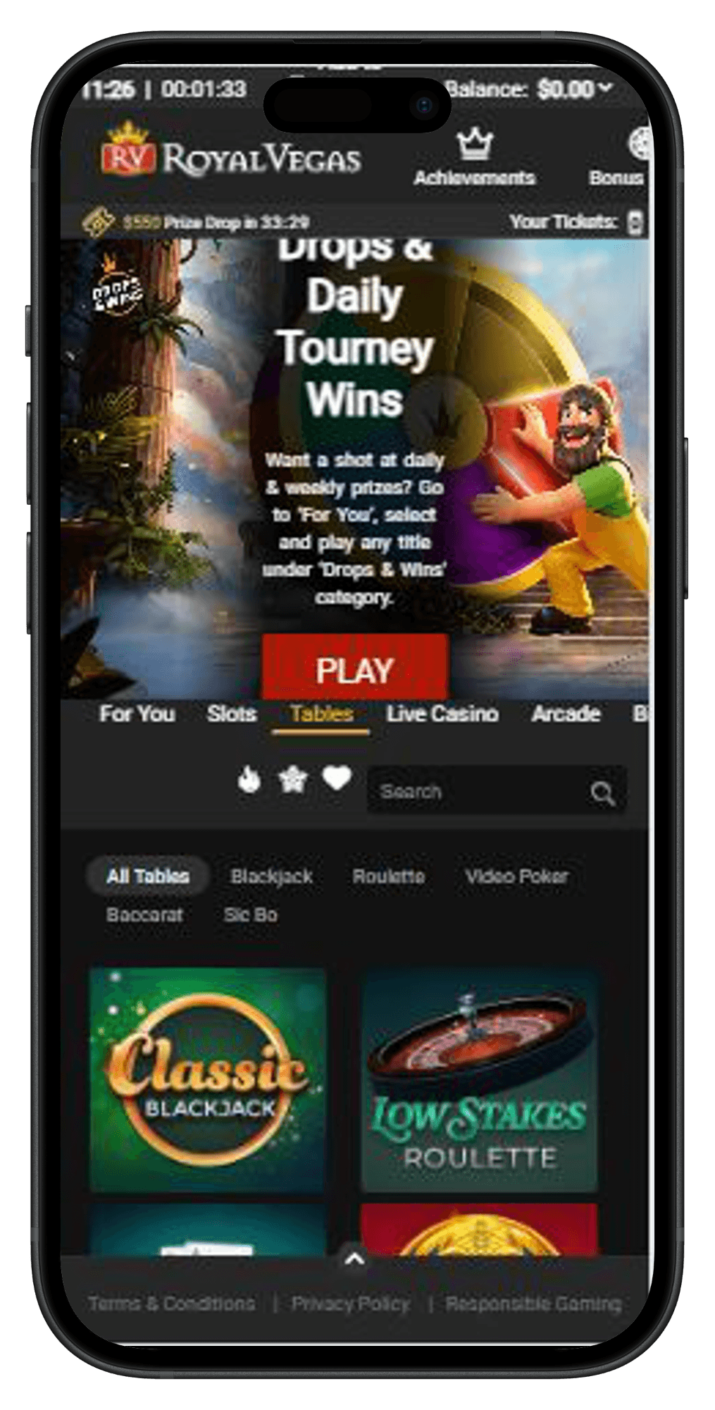 Royal Vegas tables page