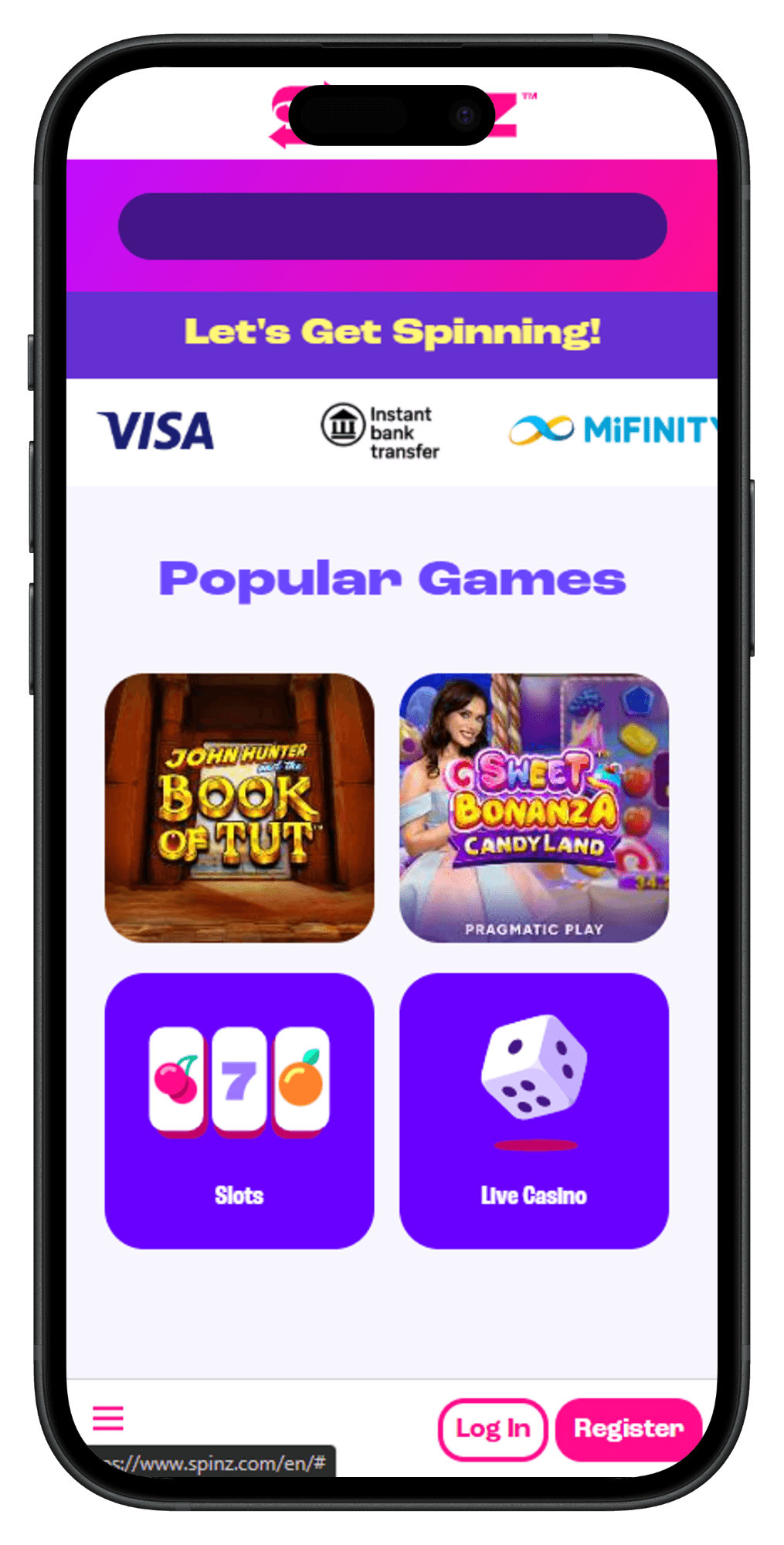 Spinz Casino homepage portrait